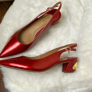 Red shiny, shoes, with gold embellishments,party,xmas,holidays,glam,feminine,